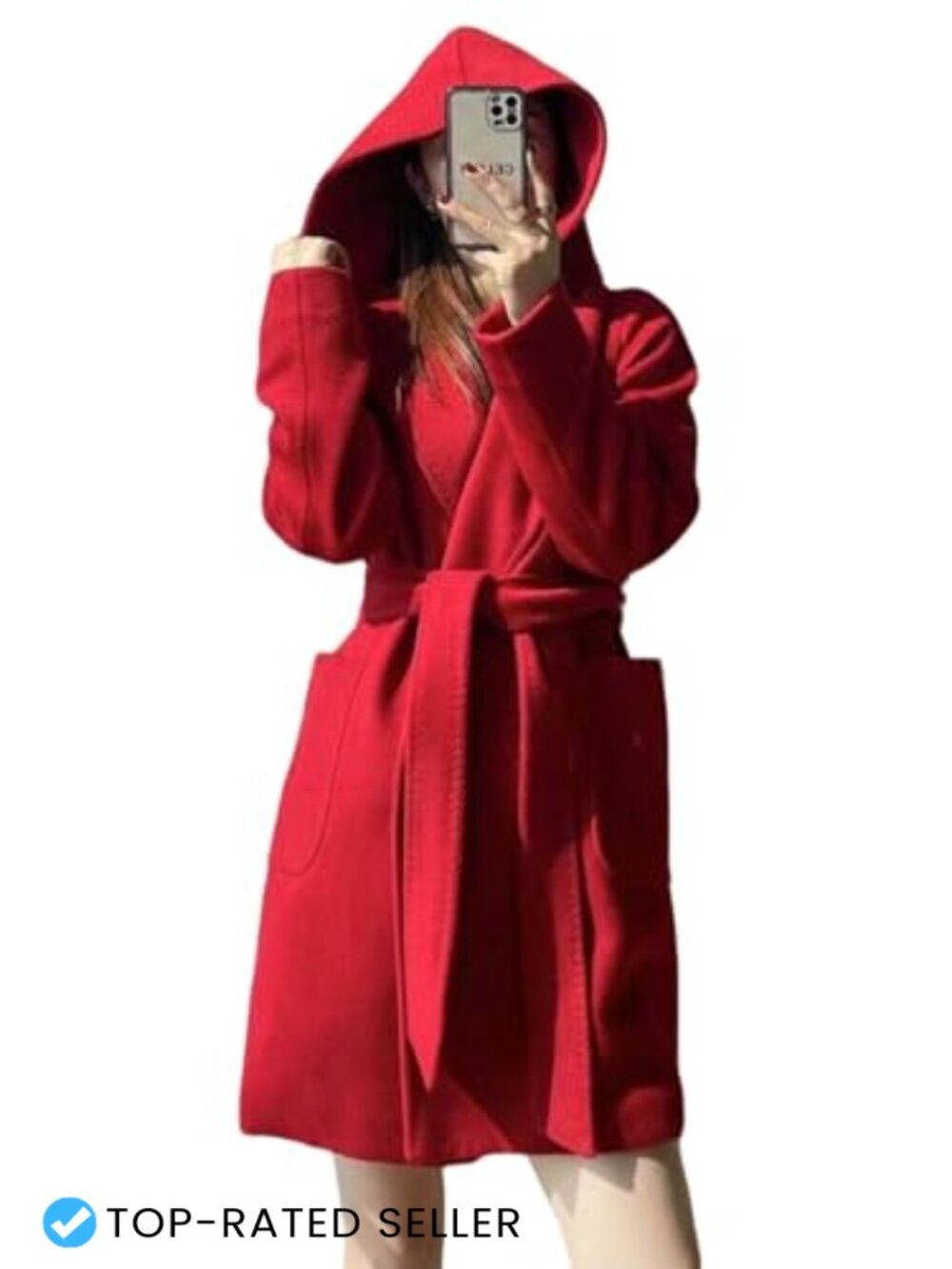 Wool Blend Belted Hooded Trench Coat Midi Long Slim Fit Pea Coat
